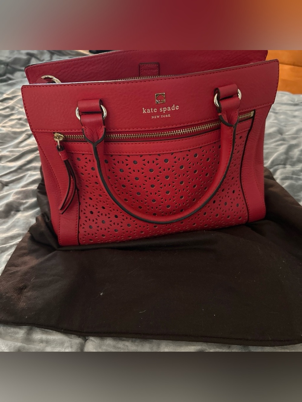 kate spade Red Perforated Leather Tote with Zip Pocket